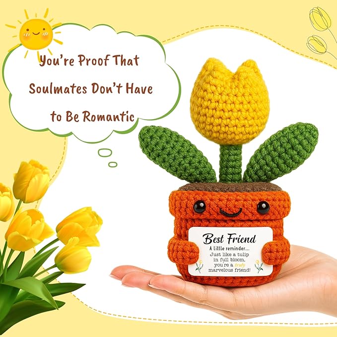 Mini Handmade Crochet Tulip Gifts for Friendship Support, Encouragement Gifts for Best Friend Bestie Coworker, Positive Thank You Gift for Birthday Christmas Thanksgiving, Inspirational Tulip for Desk