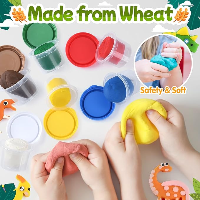 PLAY Dinosaur Clay Sets for Ages Kids 4-8 - Color Dough Toys with Dentist Play Set, 15 Dough Tool Set with Volcano, Dinosaur Footprint Roller and Tree, 2 oz Cans/6 Total, Multicolor