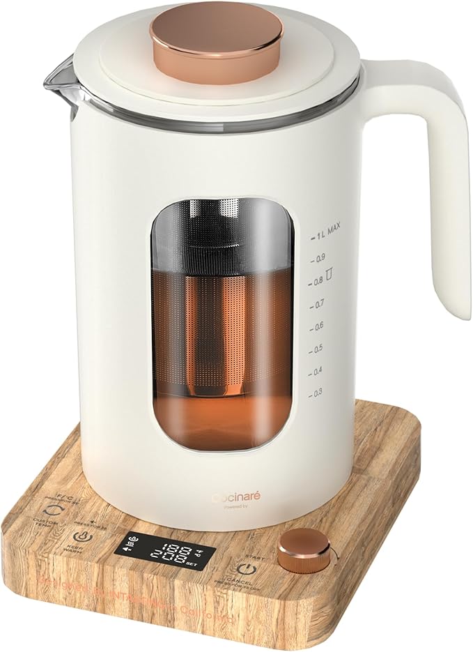 INTASTING Electric Tea Kettle, Electric Kettle with Tea Infuser, ±1℉ Knob Temperature Control, BPA-Free Glass, 1200W Fast Heating, Easy to Clean, 1 Liter (Cream White)