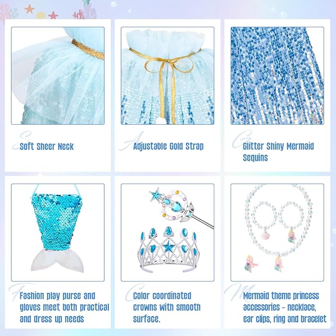 Meland Princess Dress Up for Girls 3-8, 11Pcs Mermaid Cape with Crown, Dress Up Clothes Birthday Gift Toys for Girls Toddlers