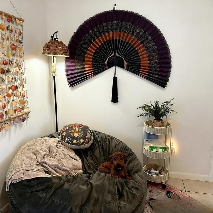 ChumDecor Bamboo Fan Wall Decor, Japanese Wall Fan Decoration, Ebony 40 in | Large Oriental and Asian Style Hanging Decoration for Above the Bed Headboard Dresser or an Empty Living Room Space