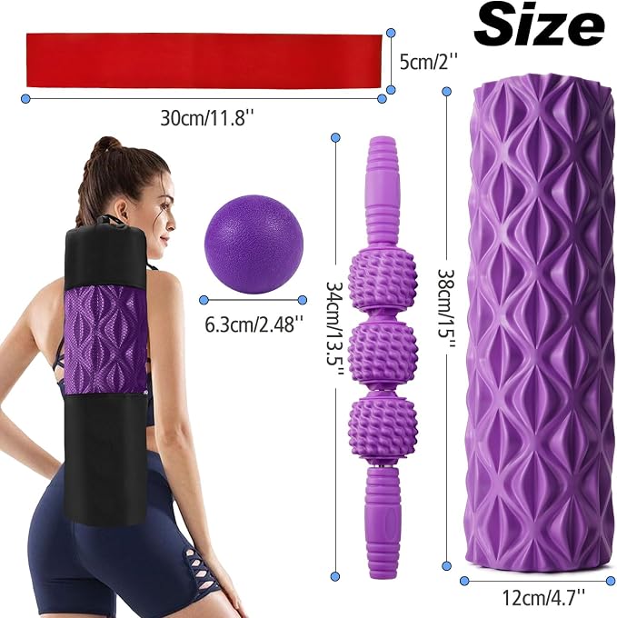JOYENERGY 5 in 1 Foam Roller Set Trigger Point Foam Roller, Massage Roller Stick, Massage Ball, Stretching Strap for Deep Muscle Massage Pilates Yoga, Fitness Exercise for Whole Body (Purple Diamond)