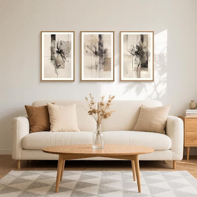 FWIEXA Black Beige Floral Canvas Wall Art Set 3, Neutral Abstract Framed Prints, Brushstroke Geometry Line Paintings, 16x24In Watercolor Ink Artwork Poster for Farmhouse, Living Room, Bedroom, Office