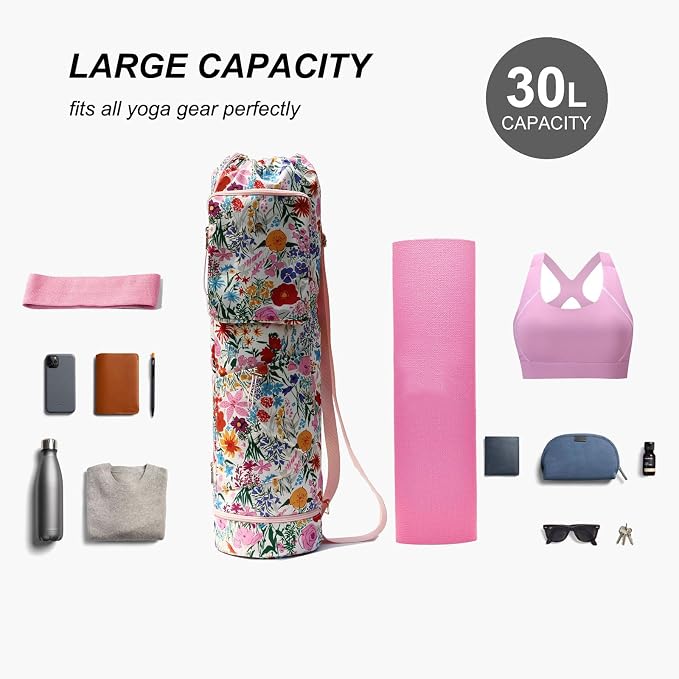 ESVAN Yoga Mat Bag with Multi Pockets Drawstring Yoga Mat Carrier Pilates Exercise Multi-Functional Storage Bag