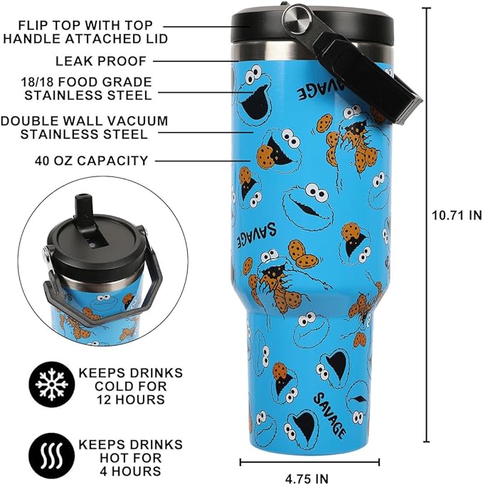 Bioworld Sesame Street Cookie Monster AOP 40 Oz. Vacuum Sealed Stainless Steel Tumbler With Carry Handle