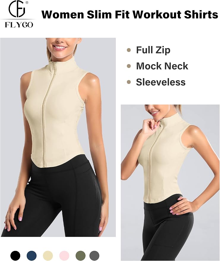 Flygo Women's Full Zip Sleeveless Workout Yoga Active Jacket Vest Golf Shirts
