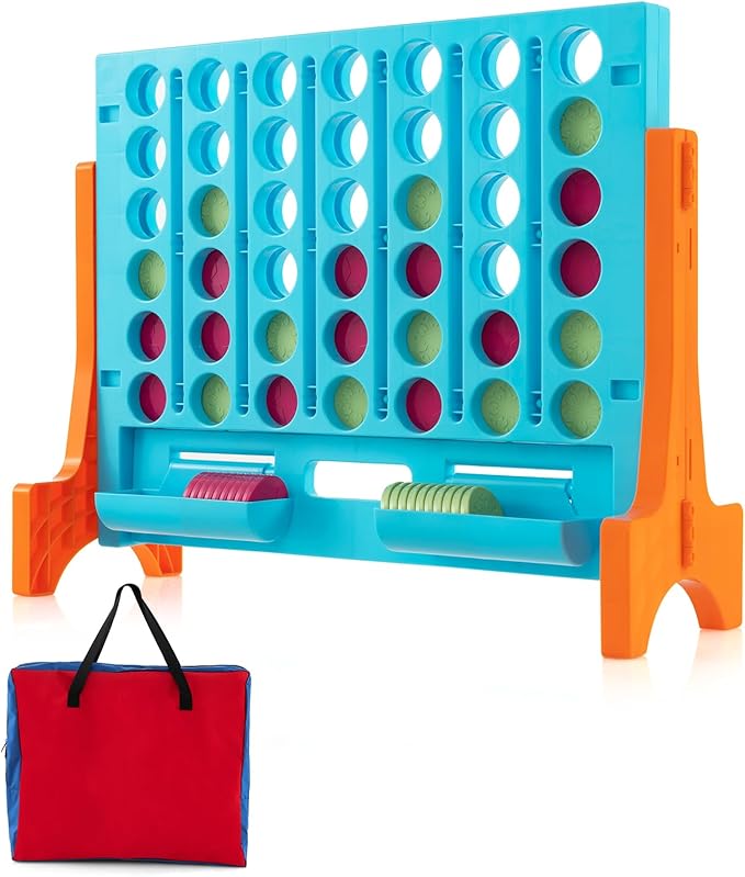 COSTWAY Giant 4 in a Row Game with Storage Carry Bag, Jumbo 4-to-Score Game with Chesses, Quick Release Slider for Kids Adults, Indoor Outdoor Backyard, Free-Standing/Wall-mounting (Red&Orange)