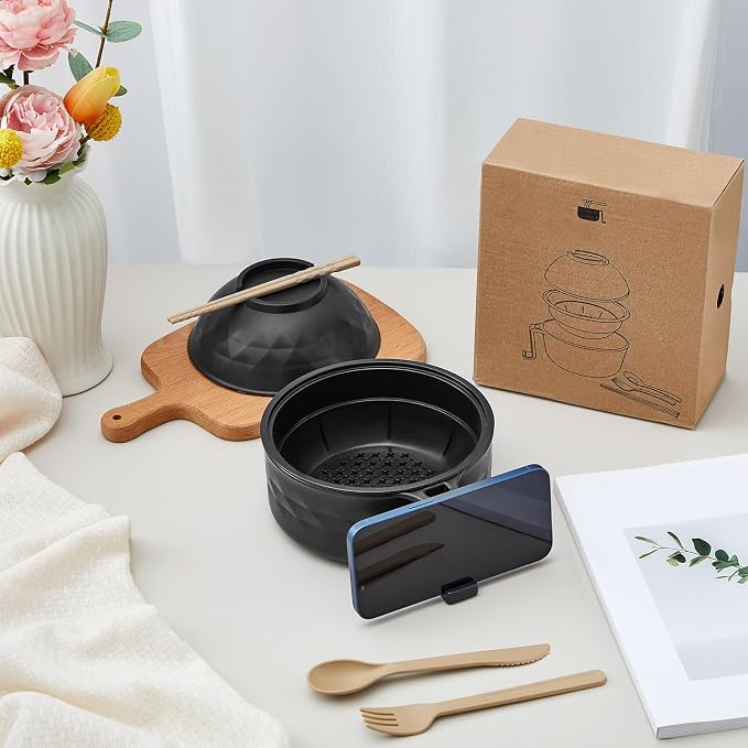 1 Set Microwave Ramen Cooker 40oz Wheat Straw Microwave Noodle Bowl Set with Chopsticks, Spoon, Fork, College Dorm Office Apartment Essentials (Black)