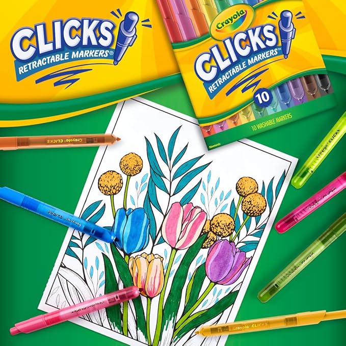 Crayola Clicks Retractable Tip Markers (10ct), Stocking Stuffers for Kids & Toddlers, Cone Tip Washable Art Marker Set, Coloring Book Supplies, No Dry, 3+ (Pack of 2)