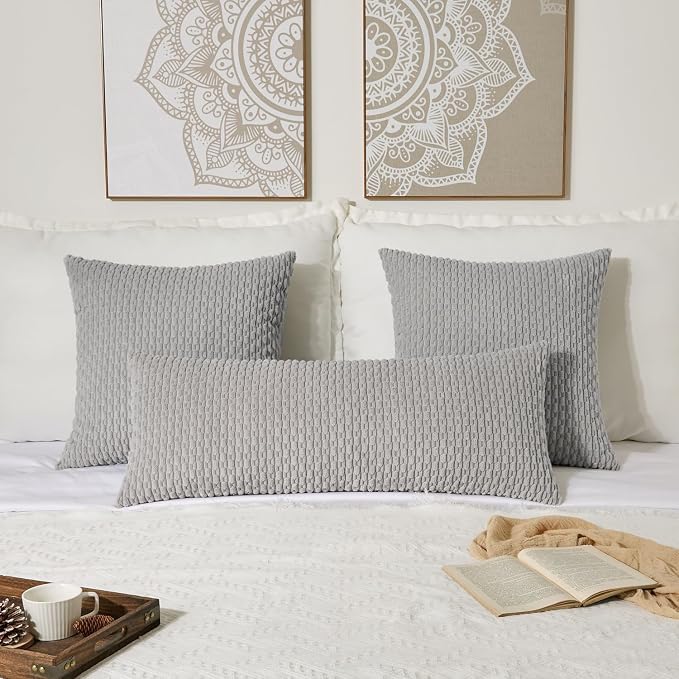 Kevin Textile Soft Corduroy 14"x36" Lumbar Pillow Cover 1 Pack, Light Grey | Boho Stripe Plush Corduroy Decorative Oblong Cushion Cover Modern Farmhouse Home Decor for Sofa Couch Bed Chair