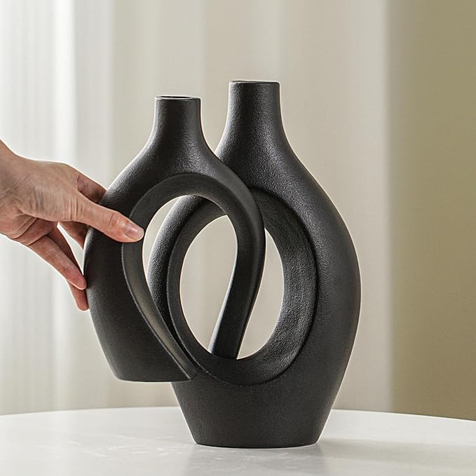XL Black Ceramic Vase Set of 2 for Modern Home Decor, Neutral Boho Round Donut Pampas Grass Vases, Nordic Aesthetic Vase, for Living Room Coffee Table Fire Place Book Style Shelf (H 11.1")