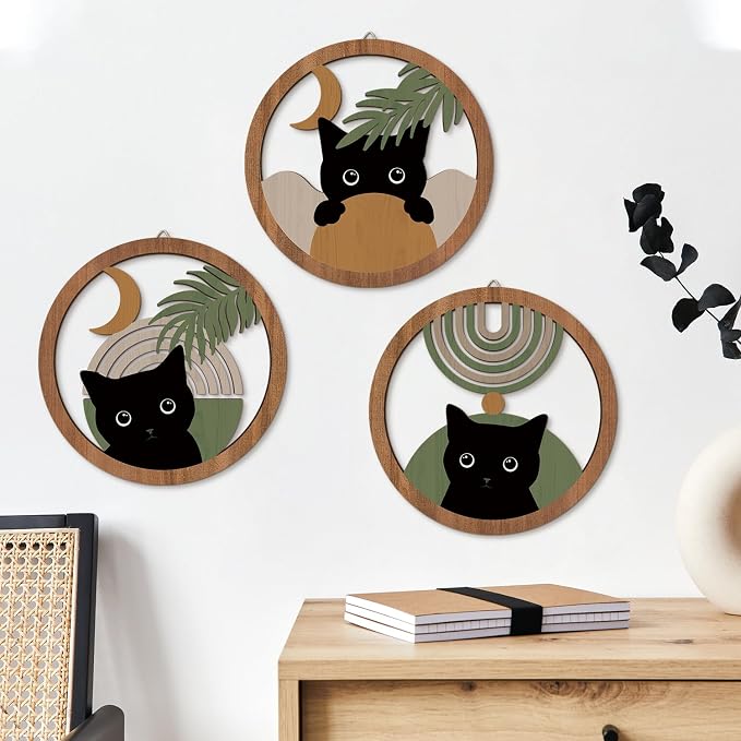 HPNIUB Abstract Mid Century Boho Black Cat Wall Decor-4 Pieces 10''x10'' | Farmhouse Geometric Hanging Wooden Wall Art,Bohemian Moon and Sun Wood Sign for Nursery Bedroom Decoration, Lovely Cat Gifts