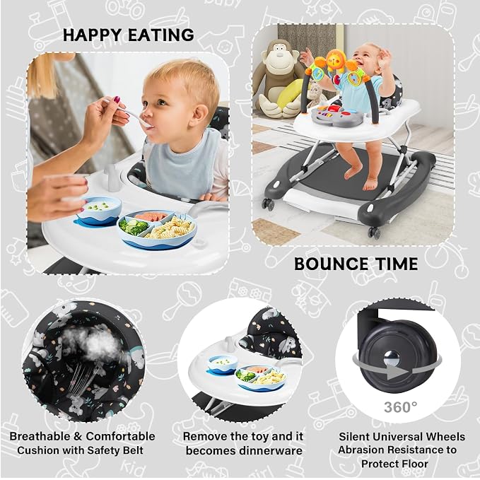 Baby Walker, 5 in 1 Baby Walkers for Boys Girls 6-12 Months, Foldable Walkers for Babies with Bouncer & Feeding Tray, Music, Adjustable Heights, Activity Walker for Infant
