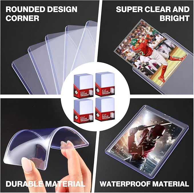 200 Card Sleeves Top Loaders for Cards Included 96 Pockets Top Loader Binder, 3" x 4" Baseball Card Protector Hard Plastic Card Holder for Sports Trading Cards (100 Toploaders + 100 Soft Sleeves)