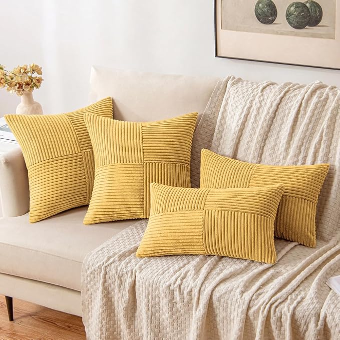 MIULEE Golden Mustard Decorative Throw Pillow Covers for Couch 18x18 Inch | 2 Pack, Boho Farmhouse Pillow Covers, Soft Cross Corduroy Patchwork Textured Cushion Cases For Bed Sofa