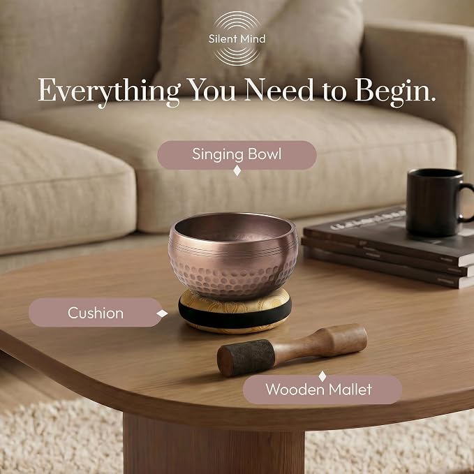 Silent Mind Tibetan Singing Bowl Set – Easy to Play & Beginner Friendly Meditation Bowl with Cushion & Mallet | Stress Relief & Mindfulness | Gift-Ready
