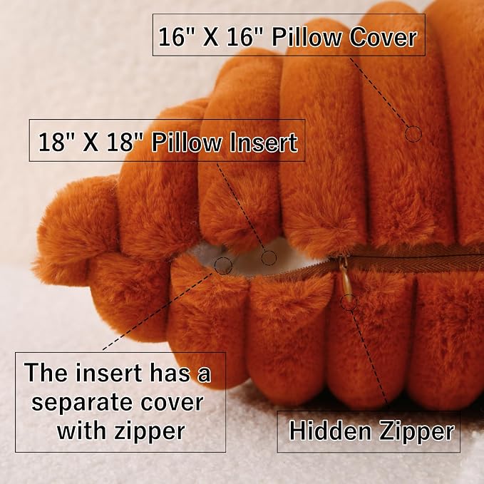 Decorative Throw Pillow with Inserts, Set of 2 Soft Faux Fur Throw Pillows, Square Boho Striped Pillow for Couch, Bed, Sofa Decor (Brownish-Orange, 16" x 16"(Pack of 2))