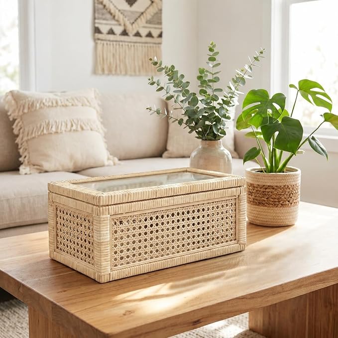 Rattan Decorative Boxes with Glass Lids | Set of 2 Handwoven Wood Display Storage Box for Keepsakes,Shelf Bedroom Coffee Table Home Decor, Boho Style