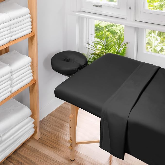 Saloniture 3-Piece Microfiber Massage Table Sheet Set - Premium Facial Bed Cover - Includes Flat and Fitted Sheets with Face Cradle Cover - Black