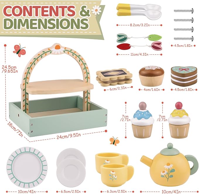 Wooden Tea Sets for Little Girls Play Food Cake Toys Toddlers 3-5 Kitchen Accessories Pretend Play Princess Playset for 3 4 5 6 Year Old Girl Boy Party Birthday Gift