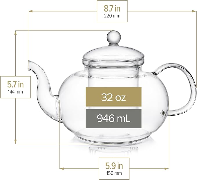 Teabloom Heatproof Glass Teapot Set with Removable Loose Tea Infuser (Standard Size: 32oz/946ml) and Four Borosilicate Glass Teacups (7oz/207ml) - Lead-free Complete Tea Set