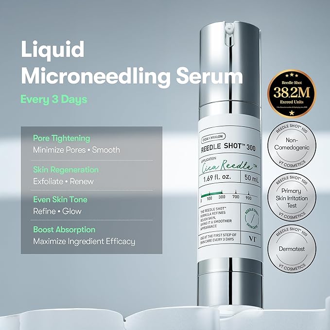 VT COSMETICS CICA Reedle Shot 300, Advanced Night Exosome, Microneedling Serum, Centella Asiatica, Hyaluronic Acid, Propolis, Soft Skin, Regeneration, Glass Skin, Korean Skin Booster 1.69Fl Oz (50ml)
