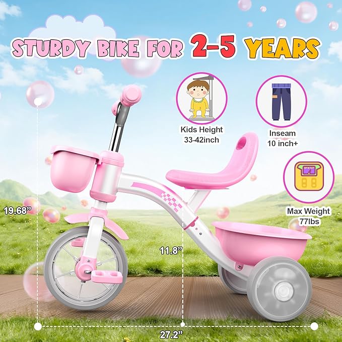 Toddler Tricycle for 1-3 3-5 Year Olds, 2 3 4 5 Year Old Girl Birthday Gifts, Pink Toddler Baby Bike, Outdoor Riding Toys for Ages 2-4, 4-Level Adjustable Seat, 3 Color Light Wheels, 2 Baskets