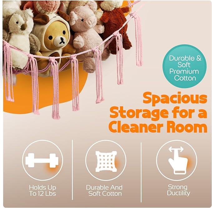 Stuffed Animal Storage Hammock Large Toy Storage Net Stuff Animal Hanging Organizer Holder for Plush Plushie Included Anchors & Hooks Teddy Bear Storage Boho Room Decor