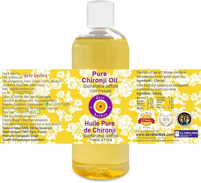dève herbes Pure Chironji Oil (Buchanania latifolia) 100% Natural Therapeutic Grade Cold Pressed 200ml (6.76 oz)