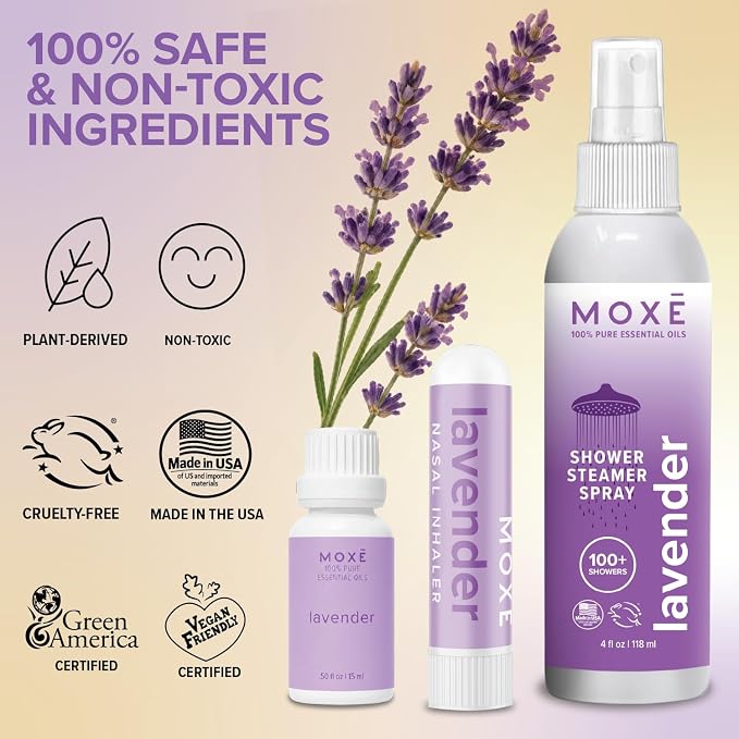 MOXE Lavender Aromatherapy Gift Set, 100% Pure Essential Oil, Shower Steamer Spray, Portable Nasal Inhalers, Diffuser Essential Oil, Sinus & Congestion Relief, Therapeutic Grade, Made in USA