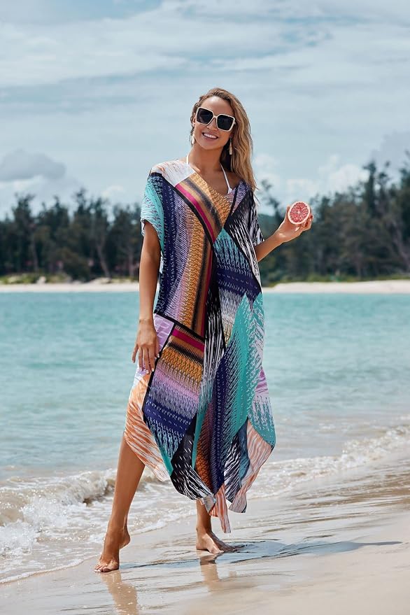 Venasha Womens Caftan Floral Print Kaftan Dress Short Sleeve Swimsuit Cover up Loungewear for Summer