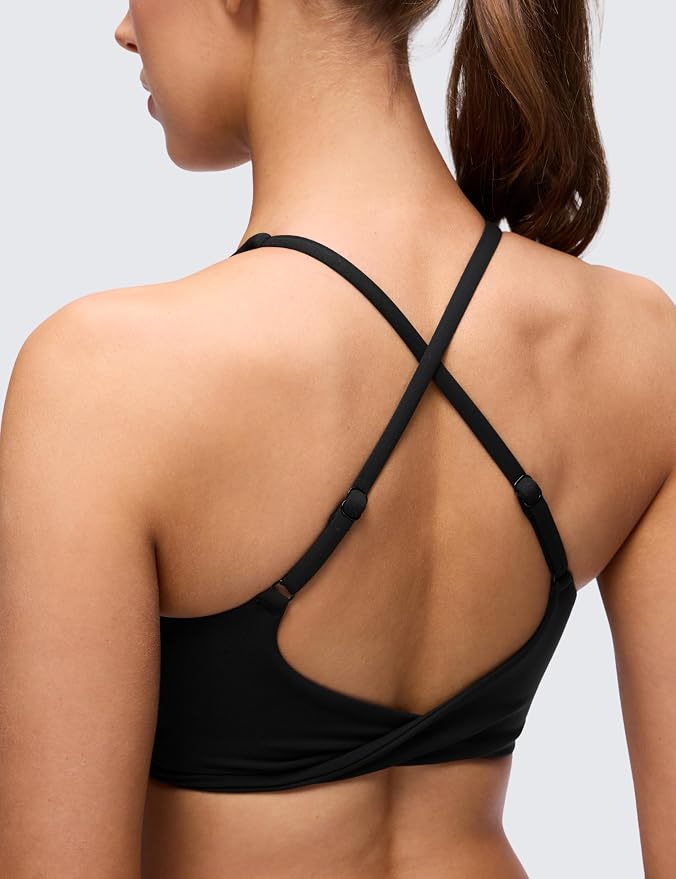 CRZ YOGA Butterluxe V Neck Twist Cross Back Sports Bras for Women - Adjustable Spaghetti Straps Padded Crop Yoga Top