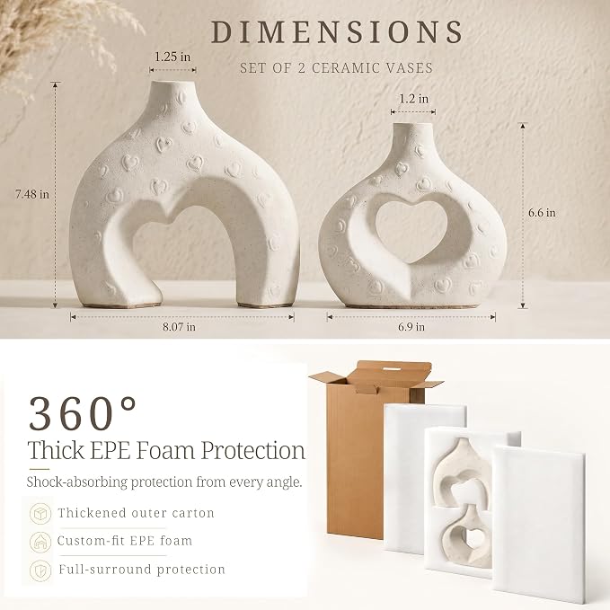 White Ceramic Flower Vases Table Decor Heart Shaped Vase Set of 2 | Nordic Heart Shaped Vases Minimalist Decorative Vase for Table Centerpiece Wedding Dining Living Room Office House Decoration