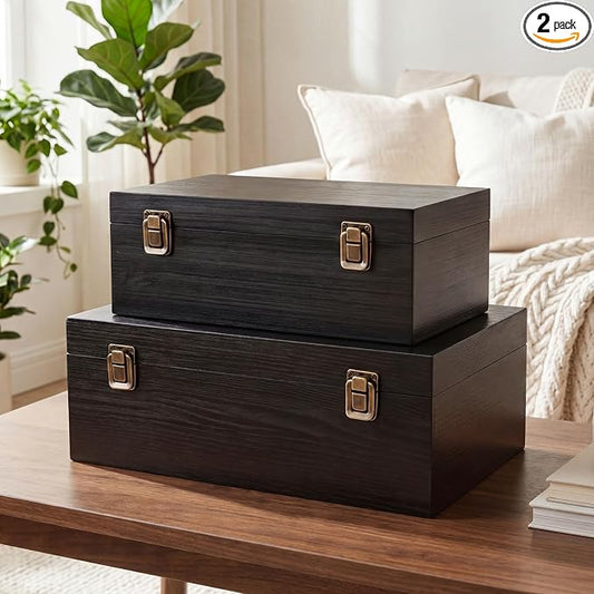 Sliner 2 Pcs Wooden Decorative Storage Boxes with Lids Vintage Wood Organizer Bins for Your Bookshelf Home Decor Safely Store Photos Documents Memory Jewelry Craft Storage (Glossy Black,S M Size)