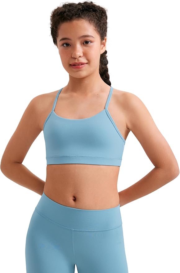 CRZ YOGA Girls Butterluxe Y Back Sports Bra - Yoga Athletic Casual Tops Scoop Neck Spaghetti Strap Padded Crop Kids Teen