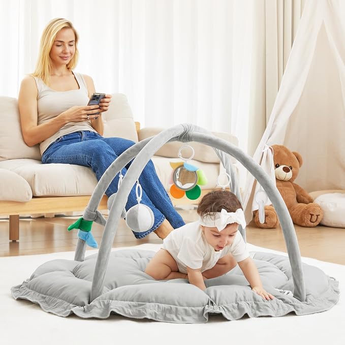 ANGELBLISS Baby Play Gym Mat, Reversible Tummy Time Mat with 6 Sensory Toys for Stage-Based Developmental, Thick & Large Baby Activity Center from Newborn to Toddler (Grey)