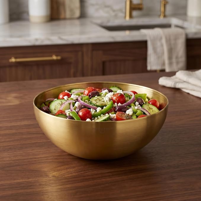 Stainless Steel Salad Bowl Gold Mixing Bowls 10 Inch Nesting Bowl Deep Snack Bowl Korean Large Serving Bowl for Kitchen Mixing Cooking Baking Prepping, 25.00X25.00X11.00CM, Golden