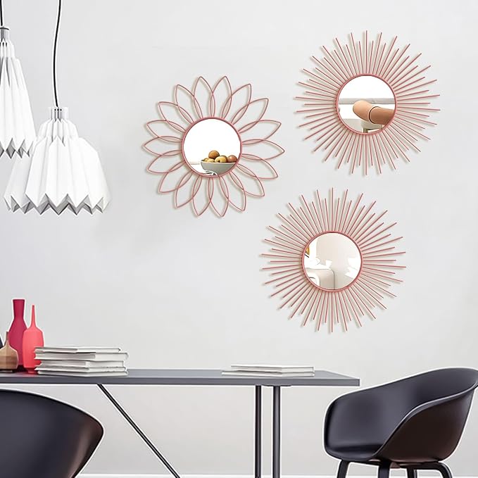 3 Pack Metal Mirrors for Wall Sunburst Wall Mirrors Home Décor Decorative Hanging Wall Art for Living Room Bedroom Entryway (Pink, Flower+Sunburst)