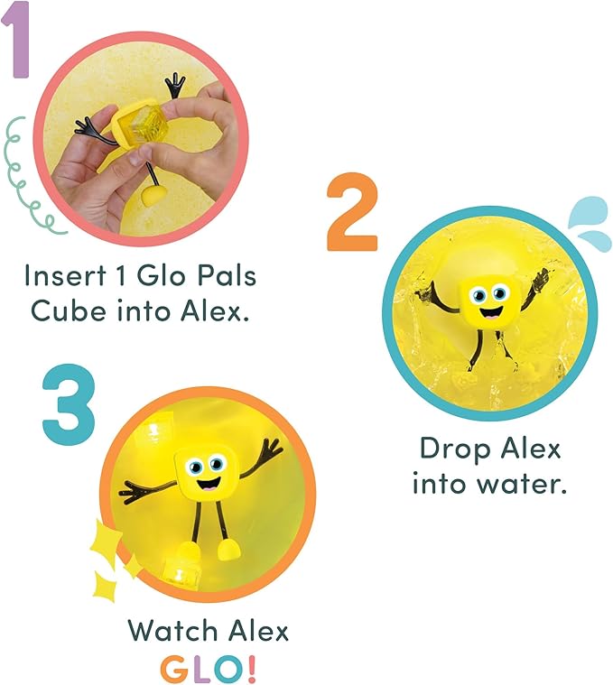 Glo Pals Water-Activated Bath Toy with 6 Reusable Light-Up Cubes for Sensory Play (Alex)