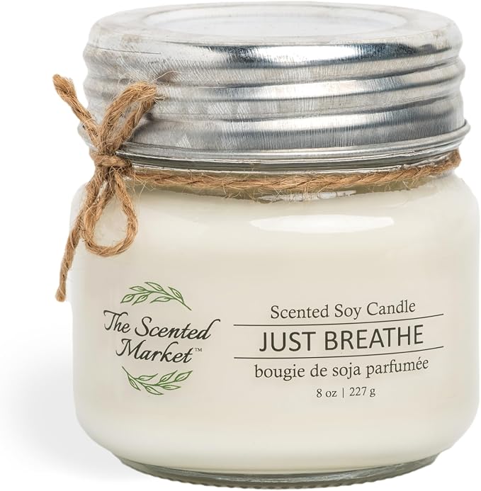The Scented Market Aromatherapy Soy Wax Candle JUST Breathe 8 oz Mason Jar, Over 50 Hours of Burn Time, Ideal for Home Decor and Gifts