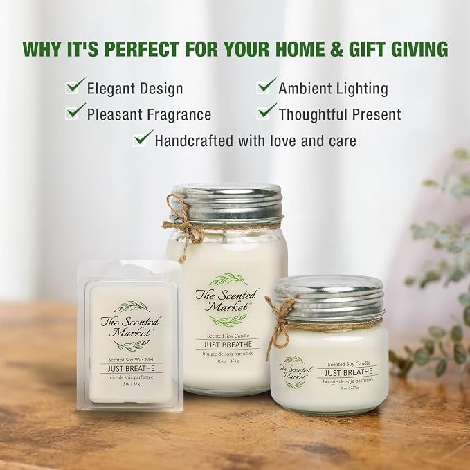 The Scented Market Aromatherapy Soy Wax Candle JUST Breathe 8 oz Mason Jar, Over 50 Hours of Burn Time, Ideal for Home Decor and Gifts