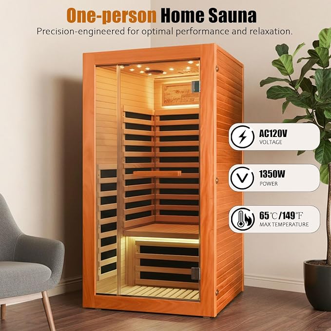 Far Infrared Sauna 1 Person Home Sauna Okoume Wood Indoor Saunas 1350W 120V with Red Light Bluetooth Speakers Oxygen Bar 35.4"x35.4"x70.9"