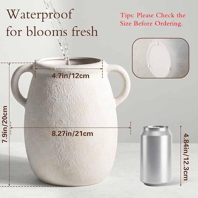 Ceramic Flower Vase with Handle, 7.9in Waterproof Farmhouse Table Rustic Vases, Large Flower Terracotta Pottery Vases for Home Decor, Living Room,Table, Handcrafted (Antique)