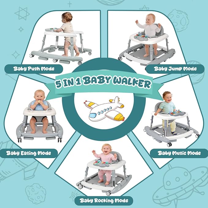5-in-1 Baby Walker for Boys and Girls Music and Lights 6-18 Months, Foldable Baby Walkers with 5 Adjustable Heights, Infant Toddler Walker with Wheels and Combo Portable（Grey）