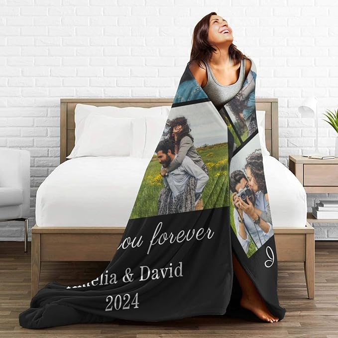 Custom Blanket with Picture Text, Personalized 5 Photo Blanket, HD Printing Customized Flannel Throw Blanket Gifts for Mom Dad Couple Girlfriend Boyfriend Wife Husband Christmas