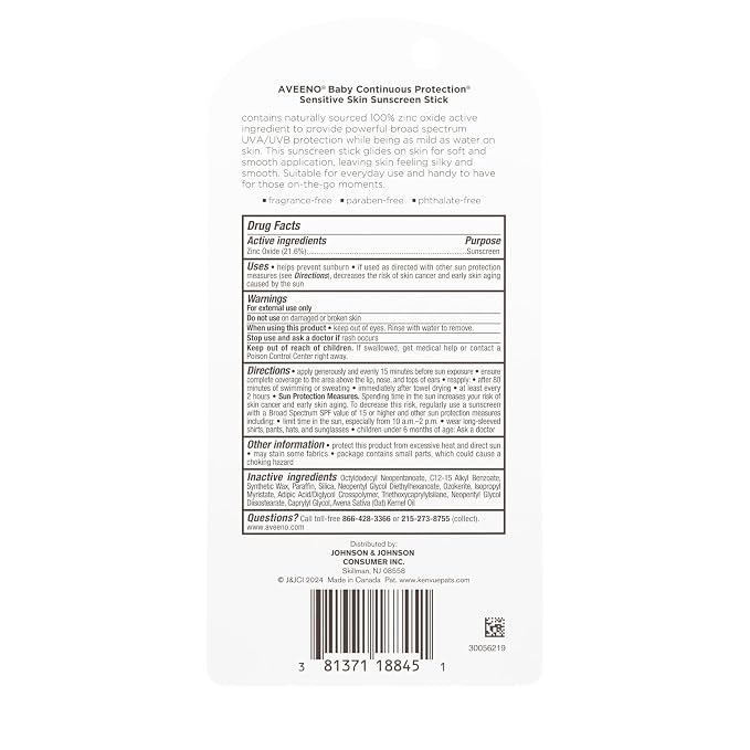 Aveeno Baby Continuous Protection Mineral Sunscreen Stick for Sensitive Skin with Broad Spectrum SPF 50 Protection for Face & Body, Naturally Sourced 100% Zinc Oxide, Travel Size, 0.47 oz (Pack of 12)