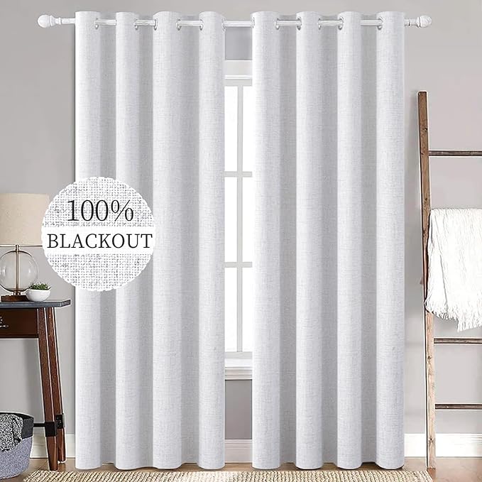 MIULEE Linen Texture Curtains for Bedroom Solid 100% Blackout Thermal Insulated Grayish White Curtains Grommet Room Darkening Curtains/Drapes for Living Room 52x72 Inch (2 Panels)