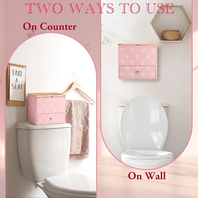 Pink Bow Tampon Holder for Bathroom Wood Feminine Product Organizer with Drawer and Lid Pad and Tampon Organizer Bathroom Accessories Storage Box for Pink Bow Washroom Period Box