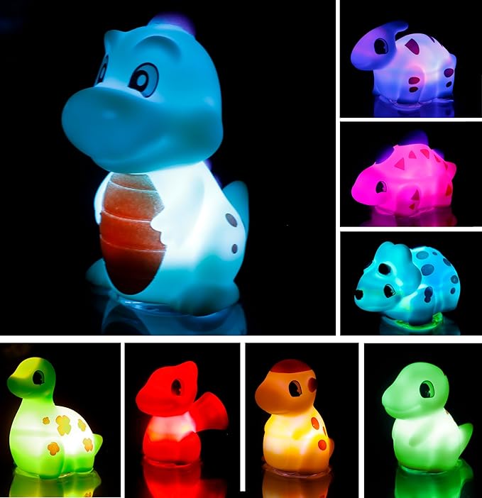 8Pack Dinosaur Light up Bath Toy Set, Flashing Color Changing Light in Water, Floating Dino Bathtub Bathroom Tub Pool ShowerToy for Kid Toddler Christmas Boys Gifts