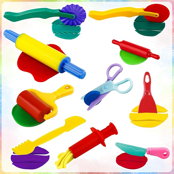 Dough Play Tools Set for Kids, 10 PCS Basic Dough Starter Set with Pizza Cutters, Safety Scissors, Rolling Pin, Roller, Extruder